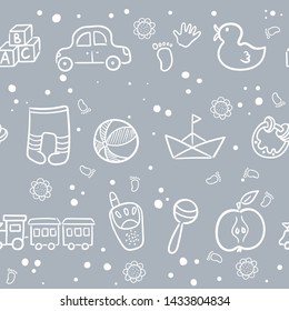 Doodle seamless pattern baby set with cartoon elements. Vector illustration design thin line doodle cartoon style for design on paper, fabric, invitations, other.