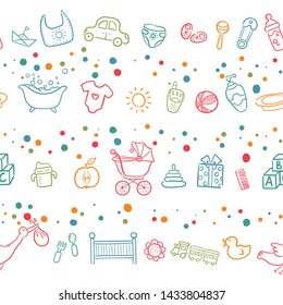 Doodle seamless pattern baby set with cartoon elements. Vector illustration design thin line doodle cartoon style for design on paper, fabric, invitations, other.