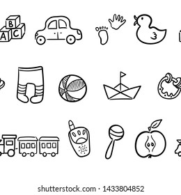 Doodle seamless pattern baby set with cartoon elements. Vector illustration design thin line doodle cartoon style for design on paper, fabric, invitations, other.