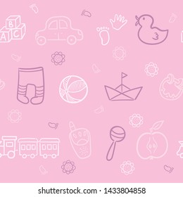 Doodle seamless pattern baby set with cartoon elements. Vector illustration design thin line doodle cartoon style for design on paper, fabric, invitations, other.