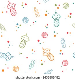 Doodle seamless pattern baby set with cartoon elements. Vector illustration design thin line doodle cartoon style for design on paper, fabric, invitations, other.