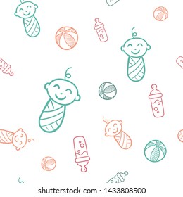Doodle seamless pattern baby set with cartoon elements. Vector illustration design thin line doodle cartoon style for design on paper, fabric, invitations, other.