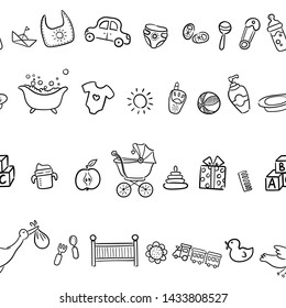 Doodle seamless pattern baby set with cartoon elements. Vector illustration design thin line doodle cartoon style for design on paper, fabric, invitations, other.