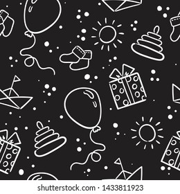 Doodle seamless pattern baby set with cartoon elements on Blackboard  background. Vector illustration design thin line doodle cartoon style for design on paper, fabric, invitations, other.