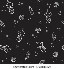 Doodle seamless pattern baby set with cartoon elements on Blackboard  background. Vector illustration design thin line doodle cartoon style for design on paper, fabric, invitations, other.