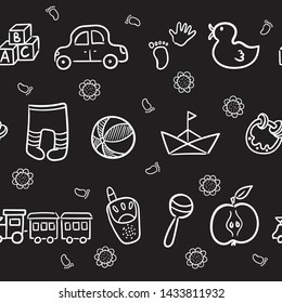 Doodle seamless pattern baby set with cartoon elements on Blackboard  background. Vector illustration design thin line doodle cartoon style for design on paper, fabric, invitations, other.