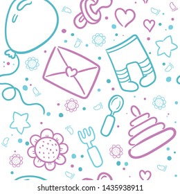 Doodle seamless pattern baby set with cartoon elements. Vector illustration design thin line doodle cartoon style for design on paper, fabric, invitations, other.