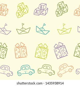 Doodle seamless pattern baby set with cartoon elements. Vector illustration design thin line doodle cartoon style for design on paper, fabric, invitations, other.