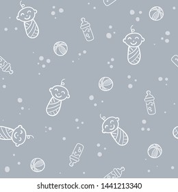 Doodle seamless pattern babyborn set with cartoon elements. Vector illustration design thin line doodle cartoon style for design on paper, fabric, invitations, other.