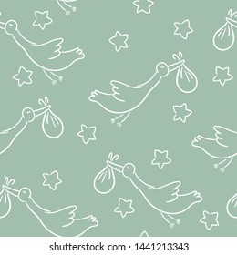 Doodle seamless pattern babyborn set with cartoon elements. Vector illustration design thin line doodle cartoon style for design on paper, fabric, invitations, other.