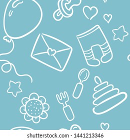 Doodle seamless pattern babyborn set with cartoon elements. Vector illustration design thin line doodle cartoon style for design on paper, fabric, invitations, other.