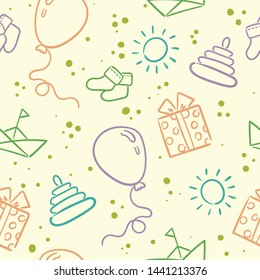 Doodle seamless pattern babyborn set with cartoon elements. Vector illustration design thin line doodle cartoon style for design on paper, fabric, invitations, other.