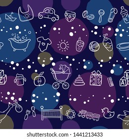 Doodle seamless pattern babyborn set with cartoon elements. Vector illustration design thin line doodle cartoon style for design on paper, fabric, invitations, other.
