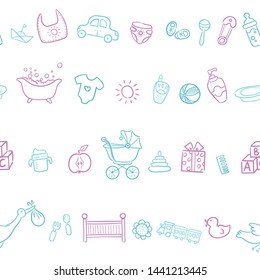 Doodle seamless pattern babyborn set with cartoon elements. Vector illustration design thin line doodle cartoon style for design on paper, fabric, invitations, other.