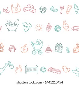 Doodle seamless pattern babyborn set with cartoon elements. Vector illustration design thin line doodle cartoon style for design on paper, fabric, invitations, other.
