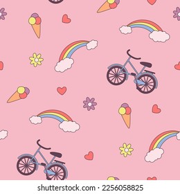 doodle seamless pattern with bike, rainbow, ice cream and flowers on pink background.