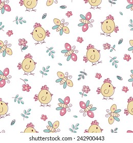 Doodle seamless pattern with birds and flowers