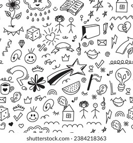 Doodle seamless pattern in black and white repeated with mini doodle drawings icons . Illustration is in vector mode.