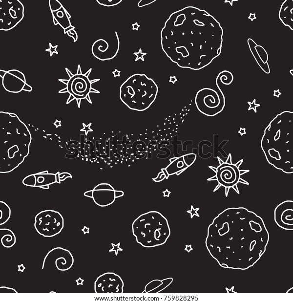 落書き風シームレスなパターン 白黒のスペース ベクターイラスト 黒い背景に惑星 Ufo ロケット 星 のベクター画像素材 ロイヤリティフリー