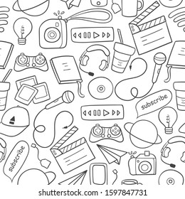 Doodle seamless pattern with blogging objects. Blogger equipment in cartoon outline. Easy to change color. 