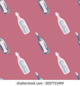 Doodle seamless pattern with blue bottle with message print. Pink background. Nautical ornament. Designed for fabric design, textile print, wrapping, cover. Vector illustration.