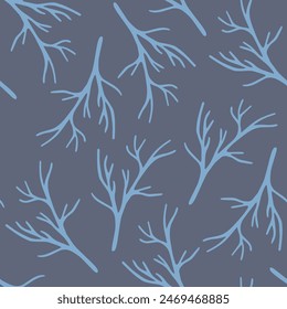 Doodle patrón sin fisuras con ramas azules sobre un fondo gris