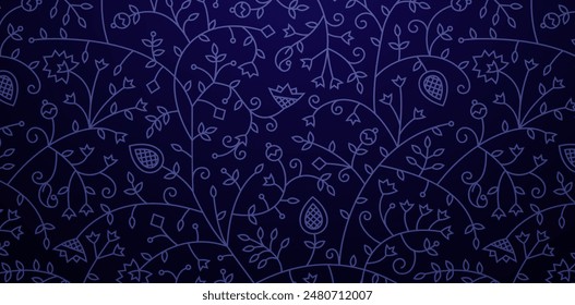 doodle seamless pattern with branches, leaves and flowers with floral ornament dark blue colors backgrounds for decorative backdrops can be used wallpapers, patterned fills, web pages, surface texture