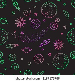 Doodle seamless pattern. Bright color space. Vector illustration. Planets, UFO, rocket, stars isolated on a black background. Kids design