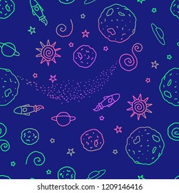 Doodle seamless pattern. Bright color space. Vector illustration. Planets, UFO, rocket, stars isolated on a blue background. Kids design