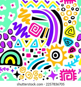 Doodle seamless pattern. Bright, neon colored geometric shapes on a white background. Abstract, geometric background drawn by hand.