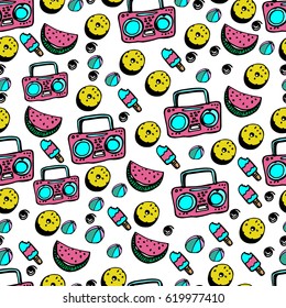 Doodle seamless pattern with bright summer elements. Travelling and holidays.Record player, watermelons and ice cream. Design for textile and packaging. Doodle.Doodle