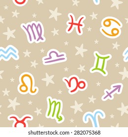 Doodle seamless pattern with bright zodiac signs