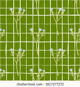 Patrón sin fisuras de garganta con siluetas de ramas de borde de barniz. Flores azules sobre fondo verde claro y a cuadros. Excelente para papel de pared, textil, papel envolvente, impresión de tela. Ilustración vectorial.