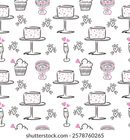 Doodle seamless pattern with cake and elegant glass. Hand drawn vector design on white background.