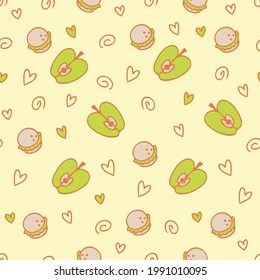Doodle seamless pattern of cake macaroons and apples. Perfect for scrapbooking, textile and prints. Hand drawn vector illustration for decor and design.

