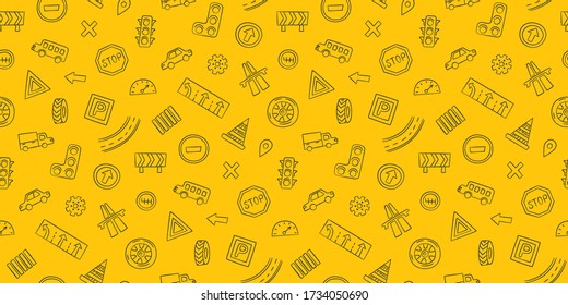 Doodle seamless pattern with cars, road signs, markings and traffic lights. Fabric print. Hand drawn vector illustration on yellow background