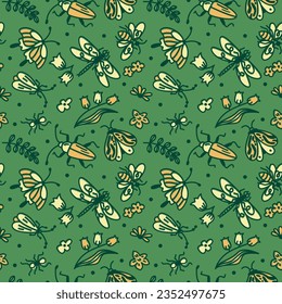 Doodle seamless pattern with cartoon insects and plants