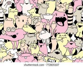 Doodle seamless pattern. Cartoon monster illustration. Vector artwork.