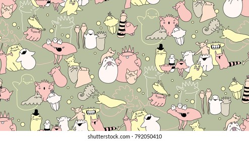 Doodle seamless pattern. Cartoon monster. Cartoon monster illustration. Vector artwork of funny monsters.