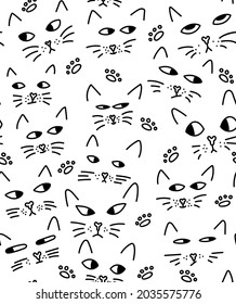 Doodle seamless pattern with the cat faces. Vector black illustration on the white background