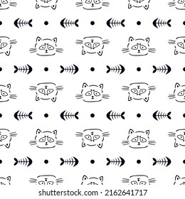 Doodle seamless pattern with cat, fish skeleton, dot. Hand-drawn kid background.Design for textile,paper goods. Isolated on white background.