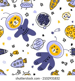 Doodle seamless pattern with cats astronauts  in space. Perfect for T-shirt, textile and print. Hand drawn vector illustration for decor and design.

