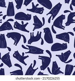 Doodle seamless pattern with cats for decoration design. Decorative textile seamless pattern. Cat behavior, body language and facial expressions.