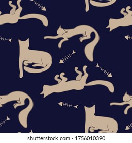Doodle seamless pattern cats and fish skeletons