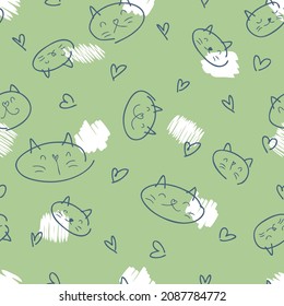 Doodle seamless pattern of cats, hearts and white spots. Perfect for T-shirt, textile and print. Hand drawn vector illustration for decor and design.
