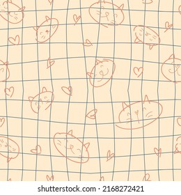 Doodle seamless pattern with cats and hearts on troppy grid background. Perfect for T-shirt, textile and print. Hand drawn vector illustration for decor and design.
