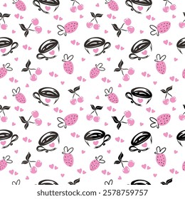 Doodle seamless pattern with cherry, strawberries and love cup. Hand drawn vector design on white background for St Valentine day.