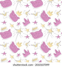 Doodle seamless pattern. Children's magic pattern with cute cats, crowns and stars. Pattern for a princess in pink. Pattern for notebooks, postcards, pencil cases 