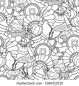Doodle seamless pattern with Chinese New Year decorations.  Festival bangers, lanterns, fans, fortune cookie future.  Holiday art for coloring, easy to change colors.