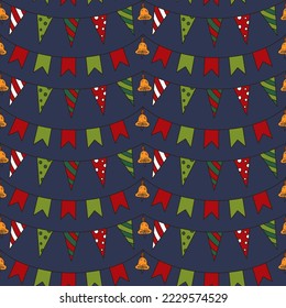 Doodle seamless pattern, Christmas garlands with jingle bells